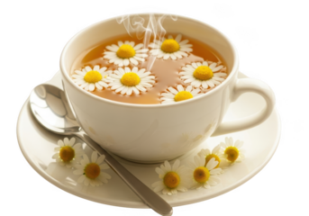 Soothing chamomile tea with fresh flowers in a white cup and saucer transparent background