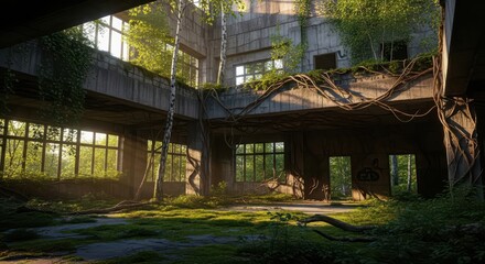 Obraz premium Overgrown abandoned building interior with sunlight streaming through windows, nature reclaiming urban decay
