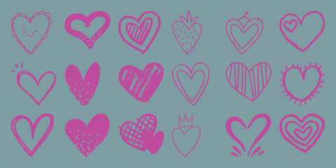 A Collection of Pink Hand-Drawn Hearts on a Teal Background