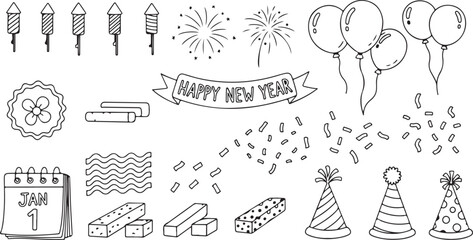 Festive new year elements in black and white line art illustration perfect for party decorations and celebration designs including fireworks confetti and party hats