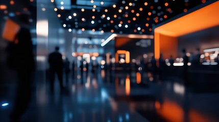 Blurred view of a modern exhibition hall with people walking around and bright lights above them