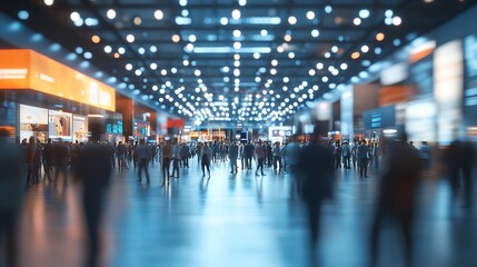 Blurred view of a large exhibition hall with many people walking around and bright lights above