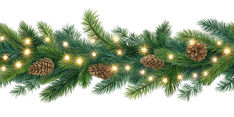 Festive evergreen garland adorned with glistening pine cones and warm glowing lights creates a beautiful Christmas season border for designs.