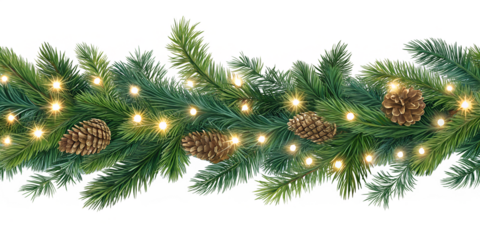 Festive evergreen garland adorned with glistening pine cones and warm glowing lights creates a beautiful Christmas season border for designs.