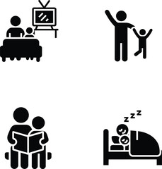 Black and white icons depicting various family activities and daily routines.