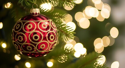 Close Up Of A Red Christmas Ornament With Gold Swirls On A Tree decoration holiday