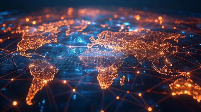Global network connection concept with world map, glowing nodes, and data transfer lines