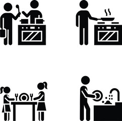 Stick figure icons depicting various kitchen and household chores like cooking, setting table, and washing dishes.