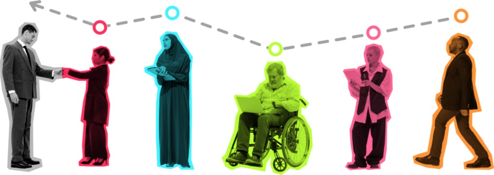 Bright composition showing diverse business people connected by dotted path on transparent background. Concept of workflow, communication, teamwork, and professional diversity.