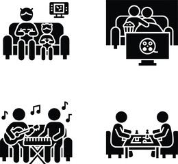 Icons depicting various indoor leisure activities like video gaming, movie watching, playing music, and chess.