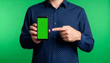 Man pointing at smartphone with green screen for mockup or editable digital content on chroma background.