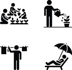 Stick figures engaged in various daily life activities including gardening, watering plants, hanging laundry, and relaxing.