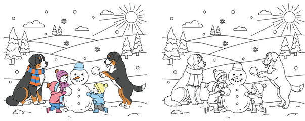 Cute dogs and children building a snowman in a snowy winter landscape, line art illustration for coloring book.