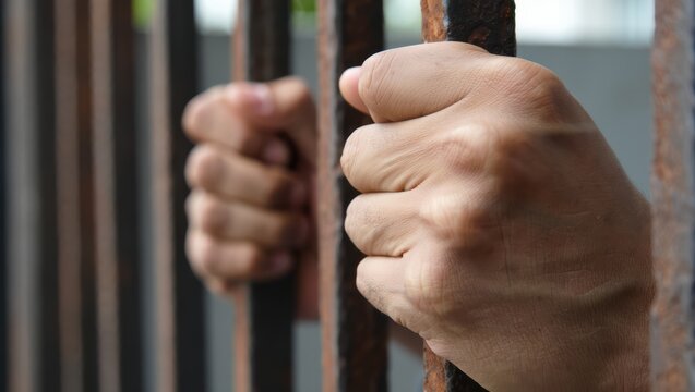 Close up of human hands gripping rusty metal prison bars, symbolizing imprisonment, confinement, and loss of freedom.