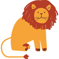 Whimsical Brown Lion with Fluffy Red Mane Sitting Gracefully on a Transparent Background Simple Cartoon Illustration for Childrens Designs