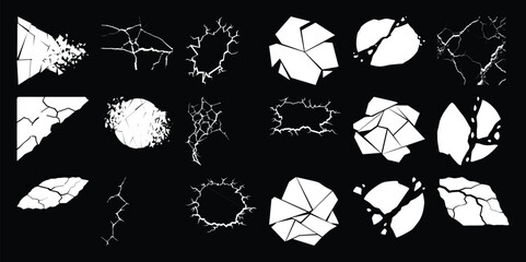 Collection of Cracked and Shattered Objects and Textures on Black Background