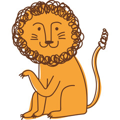 Whimsical Cartoon Lion Sitting Proudly with Curly Mane and Tail Against a Transparent Background