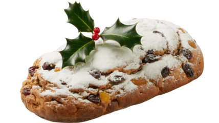Traditional german christmas stollen cake dusted with powdered sugar and decorated with holly berries and leaves isolated on transparent background
