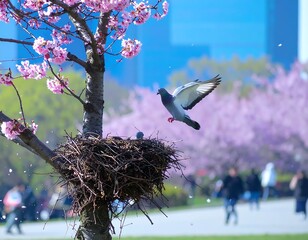 Pigeon in flight near cherry blossoms