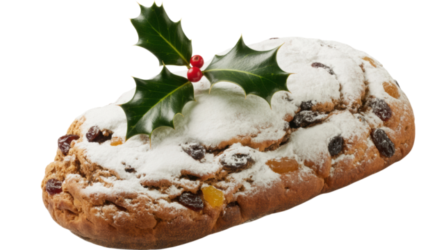 Traditional german christmas stollen cake dusted with powdered sugar and decorated with holly berries and leaves isolated on transparent background - Powered by Adobe