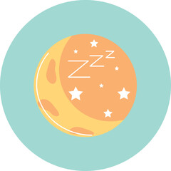 Whimsical Crescent Moon illustration with Zzz sleep symbol and stars on a pastel blue circular background