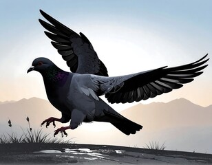 Pigeon in flight over a sunrise