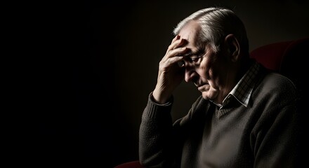 A senior man with gray hair, looking distressed and holding his forehead, sitting in a dimly lit room with a dark background