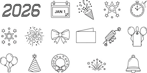 New Year 2026 celebration with outline icons representing fireworks party poppers calendars and other festive elements perfect for holiday greetings and promotional materials