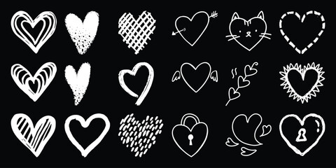 Collection of Hand-Drawn White Hearts on a Black Background