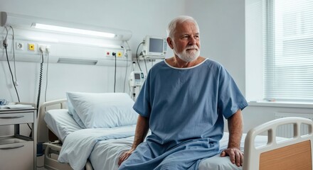 Elderly male patient sitting up in hospital bed, recovering and preparing to stand with effort in a bright hospital room.