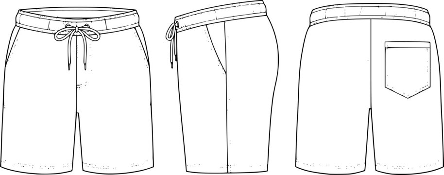Men's drawstring elastic waist casual shorts technical flat sketch, front side back view, vector illustration for fashion design