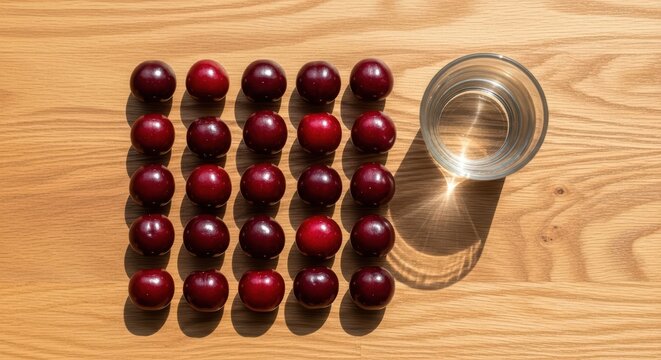 Neatly arranged red plums next to a glass of water on a wooden surface - Powered by Adobe