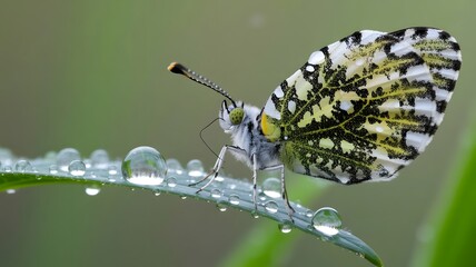 Close up of a butterfly on a leaf covered in water droplets outdoors