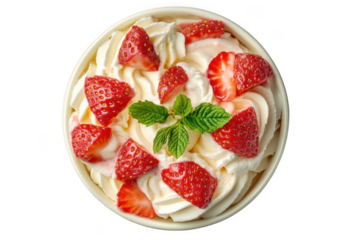 Delicious strawberry shortcake dessert topped with whipped cream and mint leaves stock photo, food photography, sweet treat, isolated on transparent background