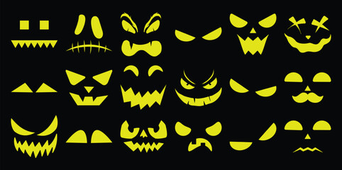 Collection of Spooky Yellow Halloween Jack-o'-lantern Faces on Black Background