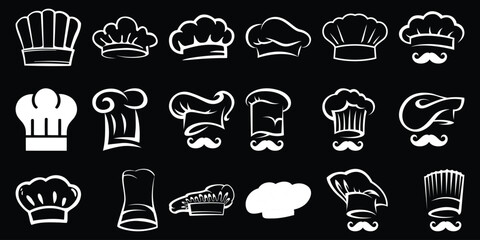 Collection of White Chef Hats and Mustaches on Black Background
