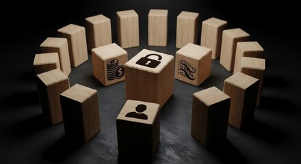 Wooden blocks arranged in a circle with security and finance icons data protection