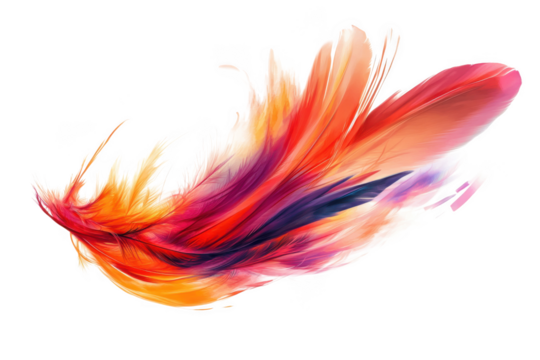 Vibrant feather illustration with orange, purple, and red hues, artistic design element, graphic resource, feathered detail isolated on transparent background - Powered by Adobe