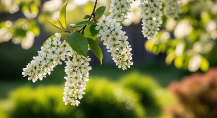 Sunlit cherry blossoms blooming on tree branches in springtime garden