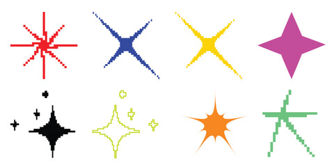 Pixelated Starbursts and Sparkles in Various Colors and Styles