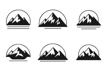 Mountain badge icon set, Black and white mountain emblem collection