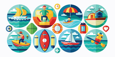 Collection of water sport and adventure in circle shape, perfect for sticker, sign, logo, and any other design
