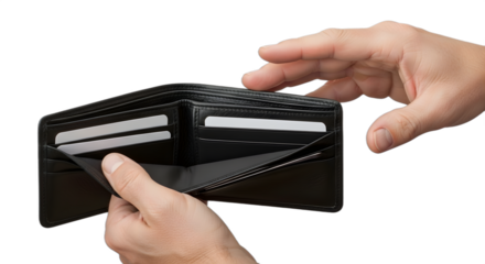 Elegant black leather wallet with credit cards held by careful hands, showcasing financial organization and modern security for discerning individuals., PNG