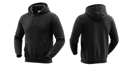 Discover the ultimate comfort and style with this sleek black hooded sweatshirt, showcasing both front and back views for perfect design visualization and fashion mockups., PNG