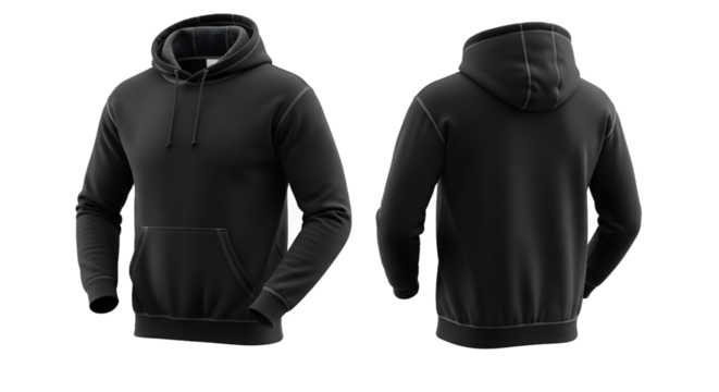 Discover the ultimate comfort and style with this sleek black hooded sweatshirt, showcasing both front and back views for perfect design visualization and fashion mockups., PNG