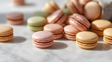 Colorful French macaroons assortment on a wooden table, sweet dessert pastry snack