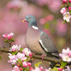 Pigeon perched amongst pink blossoms