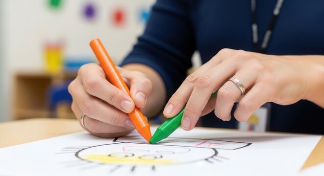 Woman coloring picture using crayons, drawing with orange and green pencils on paper. Creative process involving coloring picture, enhancing fine motor skills and imaginative play.