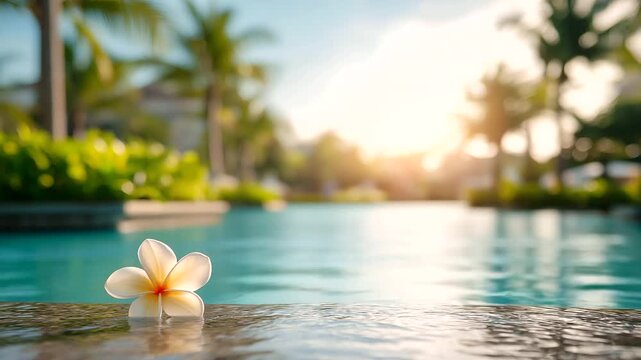 Tropical luxury resort pool with palm defocused sunset, faceless vacation paradise, resort visualization detail, blurred flower background, promotion concept, travel interface, ret