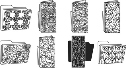 Set of decorative floral pattern file folders, elegant vector illustration with ornamental line art design for digital organization